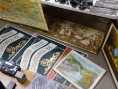 Pair of large card advertisements for Matthew Brown Brewers, a large gilt framed figural tapestry,