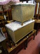 Pair of wooden luggage racks and two loom ottomans