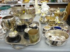 Parcel of EP agricultural presentation trophies, a tray and other plated items