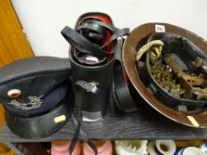 Parcel of military items - helmet, pistol carcass, bullet cases, officer's cap and a pair of Hans