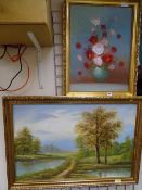 Two oils on canvas - still life flowers in a vase and landscape with river, signed RAYMOND