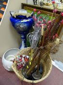 Pottery jardiniere and pedestal, large modern jardiniere and basket of artificial flowers etc