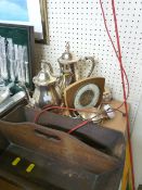 Treen two compartment cutlery box, a four piece electroplated tea and coffee service and a small