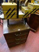 Modern dark wood effect three drawer bedroom chest and a cantilever haberdashery box and contents