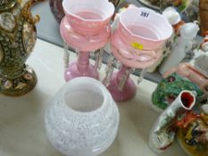 Pair of pink milk glass drop lustre vases and a speckled white glass lampshade