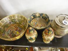 Two reproduction Oriental bowls, a similar biscuit barrel and pair of small lidded vases