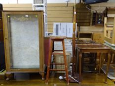 Parcel of furniture to include single door china cabinet, hardwood circular topped stool, a standard