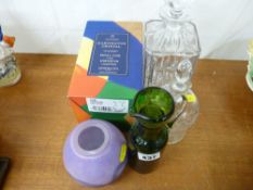 Boxed Dartington Crystal Etruscan purple bowl, a decanter, a cut vinegar jug and a green glass jug