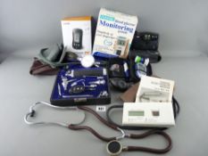 Quantity of doctor's gauges and equipment including two stethoscopes, two BP monitors, glucose