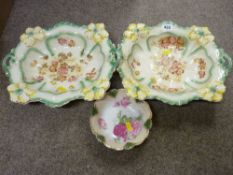 Pair of Staffs pottery large shallow two handled fruit dishes and a small bowl