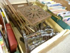 Victorian brass spitjack, a set of vintage kitchen scales, Victorian kettle stand etc