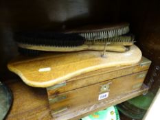 Brass banded lady's lap desk and a brush and mirror wall hanging set