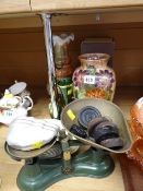 A parcel of pottery & glass including some small Clarice Cliff side plates, kitchen scales, vases