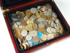 A box containing various coinage