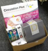 Boxed circulation plus foot massage, boxed solar lights, silver plated photo frame, Dartington glass