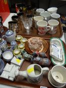 Two trays of mixed china & EPNS tankards etc