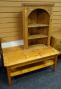 A pine coffee table with lower shelf together with a pine open hanging corner cupboard with