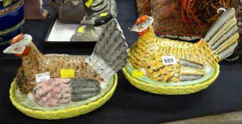 Two colourful Staffordshire pottery chicken egg crocks