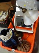 Large glazed stone jug, table lamps, vanity mirror