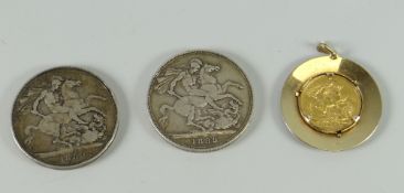 A 1901 Queen Victoria full gold sovereign with 9ct gold mount, two silver crowns