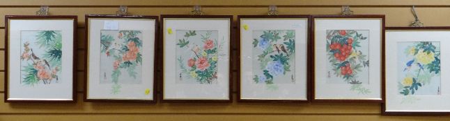 A set of five framed Qui-Sang silk prints with certificates of authenticity