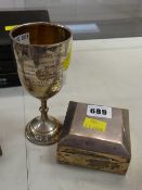 A hallmarked silver cigarette box & hallmarked silver trophy