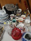 A parcel of pottery & glass including blue & white dinner plates, Christmas plates, some Royal