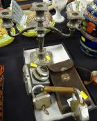 Vintage leather cased camera, set of German padlocked shackles etc