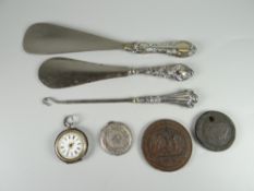 A silver ladies pocket watch (A/F), silver handled shoe horns etc