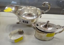 Hallmarked silver sauce boat, napkin ring & mustard pot