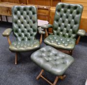 A pair of buttoned green leather reclining chairs & foot stool