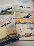 Twenty original watercolour book illustrations of WWII planes & ships