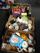 Three boxes of mixed china including teapots, money boxes etc