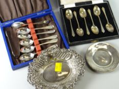 Two cased hallmarked silver sets of teaspoons, hallmarked silver bon bon dish & small silver dish