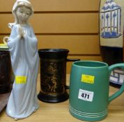 A green Wedgwood pottery mug together with a Sylvac mug & a Nao figure of a praying maiden