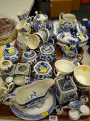 Two trays of blue & white china including willow pattern part-teaset, modern lidded ginger jars etc