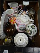 Box of mixed china including novelty teapots, Masons ginger jar etc