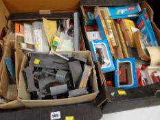 Two boxes of model railway accessories together with some boxed wagons & coaches etc