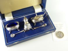 A cased hallmarked silver cruet set together with a Queen Mother's 90th birthday £5 crown