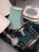 Vintage chrome gyroscopic lamp, table lamps & Wimbledon seat pads E/T