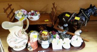 Tray of china novelties including floral vases, glass mushroom & shire horse etc