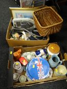Three crates of mixed china including Liliput Lane-style models, vintage tins, storage canisters