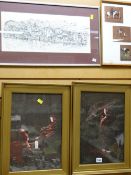 A pair of Oriental needlework figures, two framed prints etc