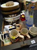 A large ceramic barrel, small Wade barrel, drinking related items, steins etc