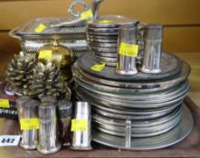 A collection of various EPNS salt & pepper sets, coasters, novelty bottle opener & tureen etc