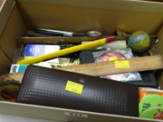 A parcel of stationary items including rulers, scissors, pens, paperweights etc
