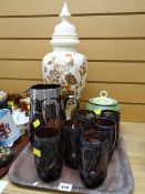 A vintage glass jug & glasses set together with a large milk glass lidded vase etc