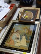 A Victorian embroidered religious picture, antique prints etc