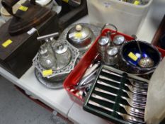A parcel of EPNS cutlery together with cobbler's lasts, flat irons etc