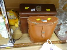 A boxed telescope together with a pair of binoculars & a metal handled walking stick